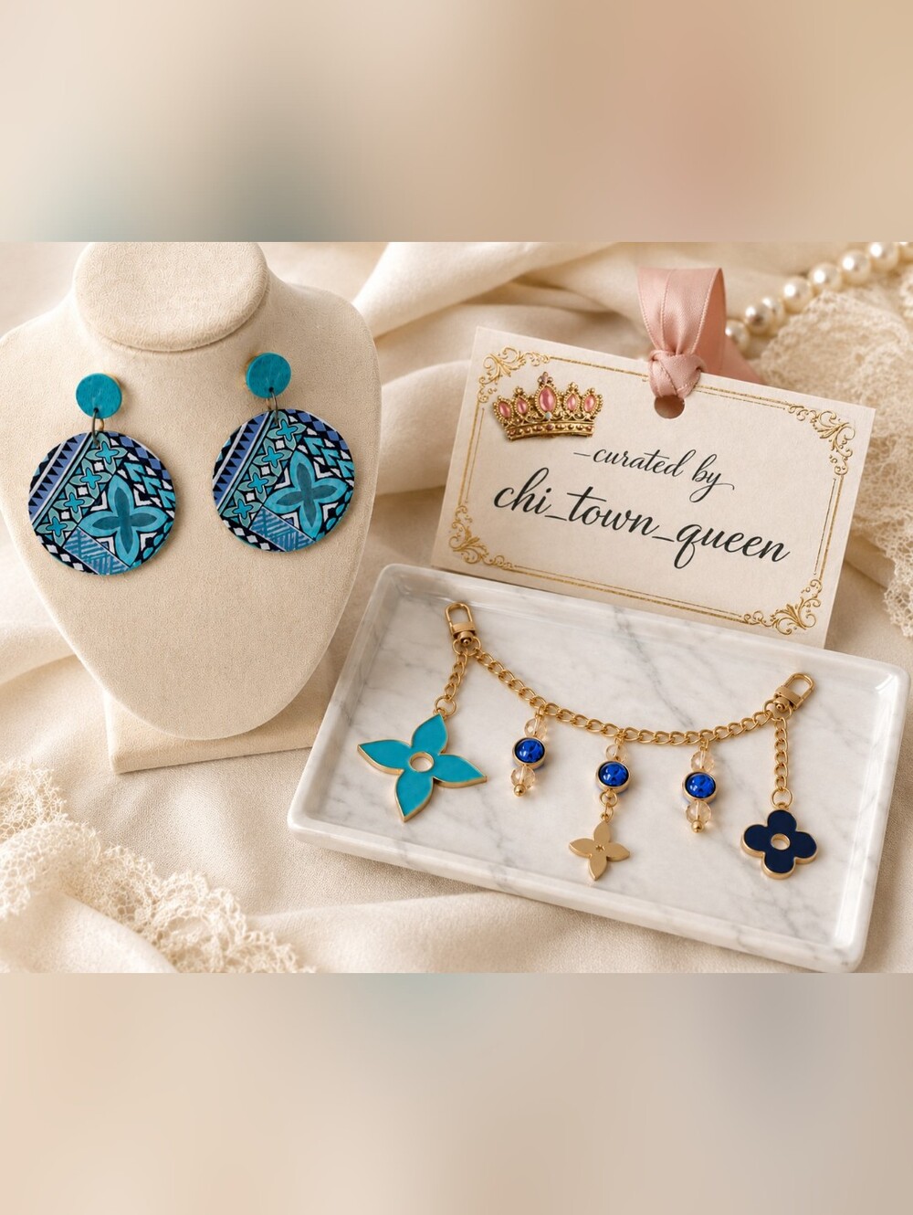 Turquoise & Cobalt Bloom Statement Earrings & Designer Bag Charm Collection